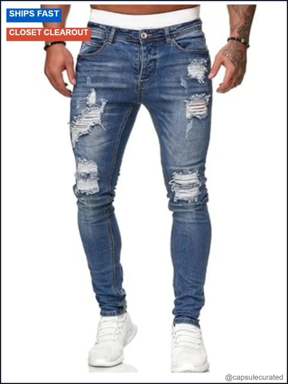 Slim Fit Stretch Ripped Skinny Jeans with Side Stripes